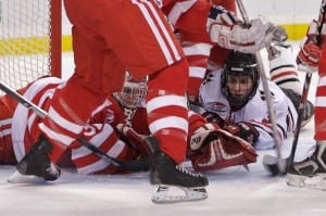 Ryan Ginand (NEU) comes up short after Kieran Millan (BU) makes a save. Peter Keeling for Blast Magazine