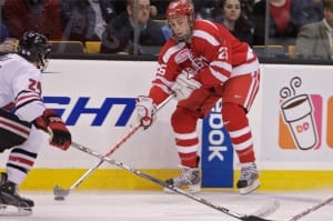 Colby Cohen (BU) skates the puck into the zone. Peter Keeling for Blast Magazine.