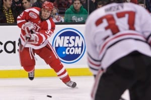 Colin Wilson (BU) makes a pass in the offensive zone. Peter Keeling for Blast Magazine