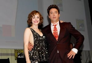 Rachel McAdams and Robert Downey Jr. onstage during a panel discussion for "Sherlock Holmes"