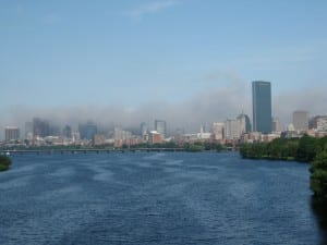 The fog as seen from the BU Bridge. Thanks to Megan Johnson from Cambridge.