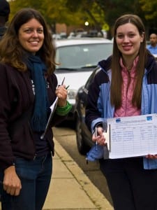 Green groups are relying increasingly on volunteers to get by as contributions and grants have dried up during the economic downturn. Here two volunteers volunteer last election day at the polls, trying to get petition signatures to persuade Congress to make climate change a priority.