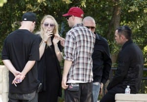 Hayley Wood and Seth Binzer attend the funeral of DJ AM aka Adam Goldstein at Hillside Memorial Park on September 2. (Media credit/WireImage)