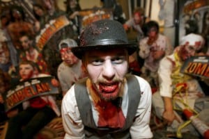 Bert Mayer, 20, of Mass Art poses in his zombie costume before a screening of Zombieland at AMC Loews Boston Common Theater in Boston.
