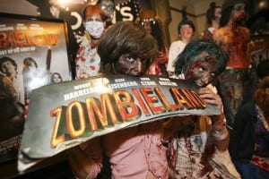 Zombies Sarah Maeder (left) and Kyle Rowe pose before a screening of Zombieland at AMC Loews Boston Common Theater in Boston.