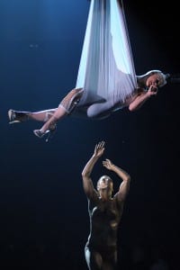 Pink hanging high above the Grammy crowd