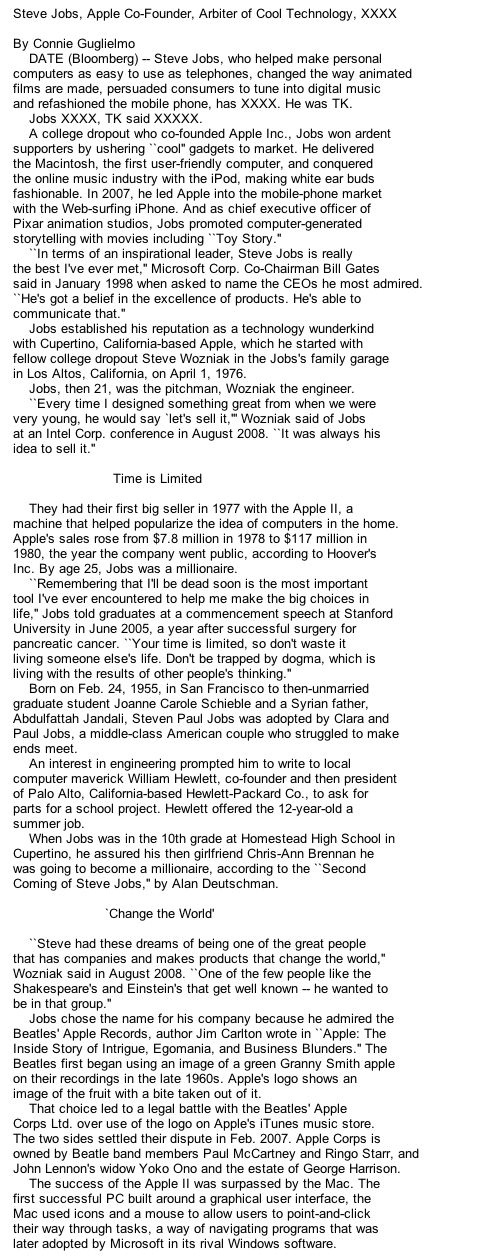 Steve Jobs' obituary leaked from Bloomberg