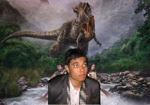 Joshua traveling down the river to escape the T-rex!