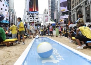 In this photo provided by Nintendo, Nintendo celebrates the upcoming launch of Wii Sports Resort, the next chapter in the Wii Sports experience, by bringing in 50 tons of sand to transform Manhattanƒâ€¢s famed Military Island into Wuhu Island, the fictional setting featured in the game, Thursday, July 26, 2009, in New York.  (Photo by Diane Bondareff for Nintendo)