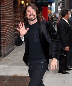 Dave Grohl of the Foo Fighters arrives to "Late Show With David Letterman" at the Ed Sullivan Theater on November 15 in New York.  (Jeffrey Ufberg/WireImage) 