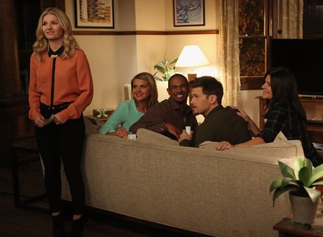 The gang watches as Max (Adam Pally) falls for Dave's (Zachary Knighton) prank. 