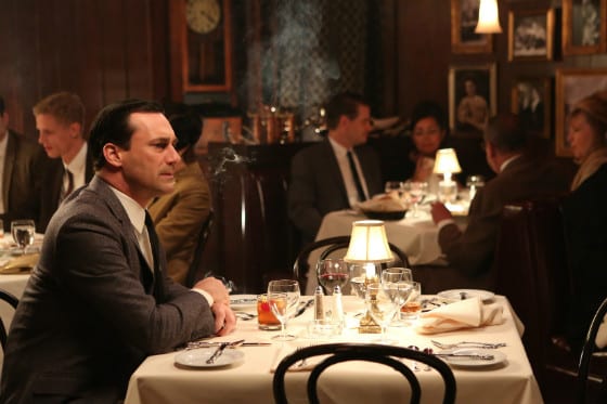Don Draper (Jon Hamm) sits alone in a restaurant waiting for his mistress, Sylvia (Linda Cardellini) to return.