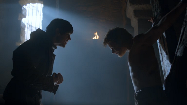 Iwan Rheon's character plays mind games with Theon (Alfie Allen)
