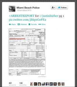 Justin Bieber's arrest report as tweeted by the Miami Beach Police Dept.