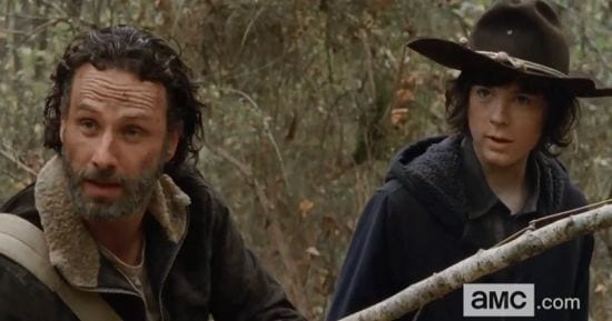 Rick (Andrew Lincoln) and Carl (Chandler Riggs) take center stage in the season finale of The Walking Dead