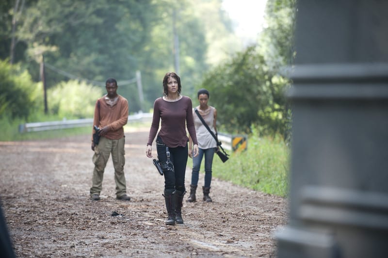 Maggie (Lauren Cohan), Sasha (Sonequa Martin-Green), and Bob (Lawrence Gillard Jr) struggle with the decision to go to Terminus in "Alone"