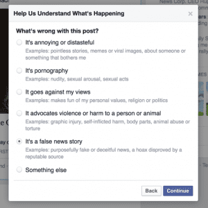 Facebook will work to reduce the pervasiveness of fake news stories, but it will not take down content.